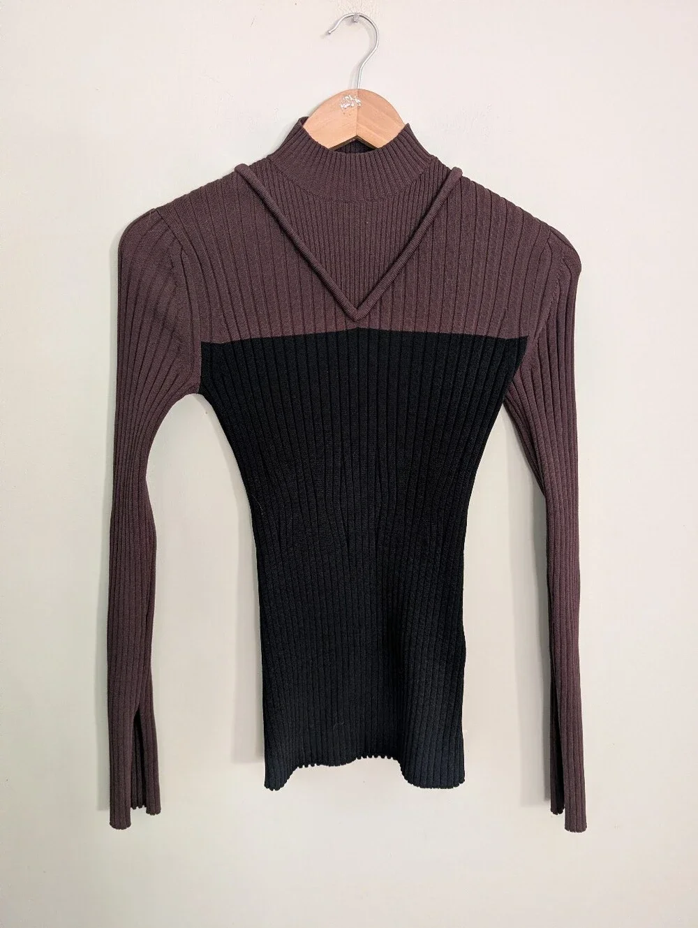 Marina Moscone Brown Colorblock Mock Neck Rib Sweater Size XS